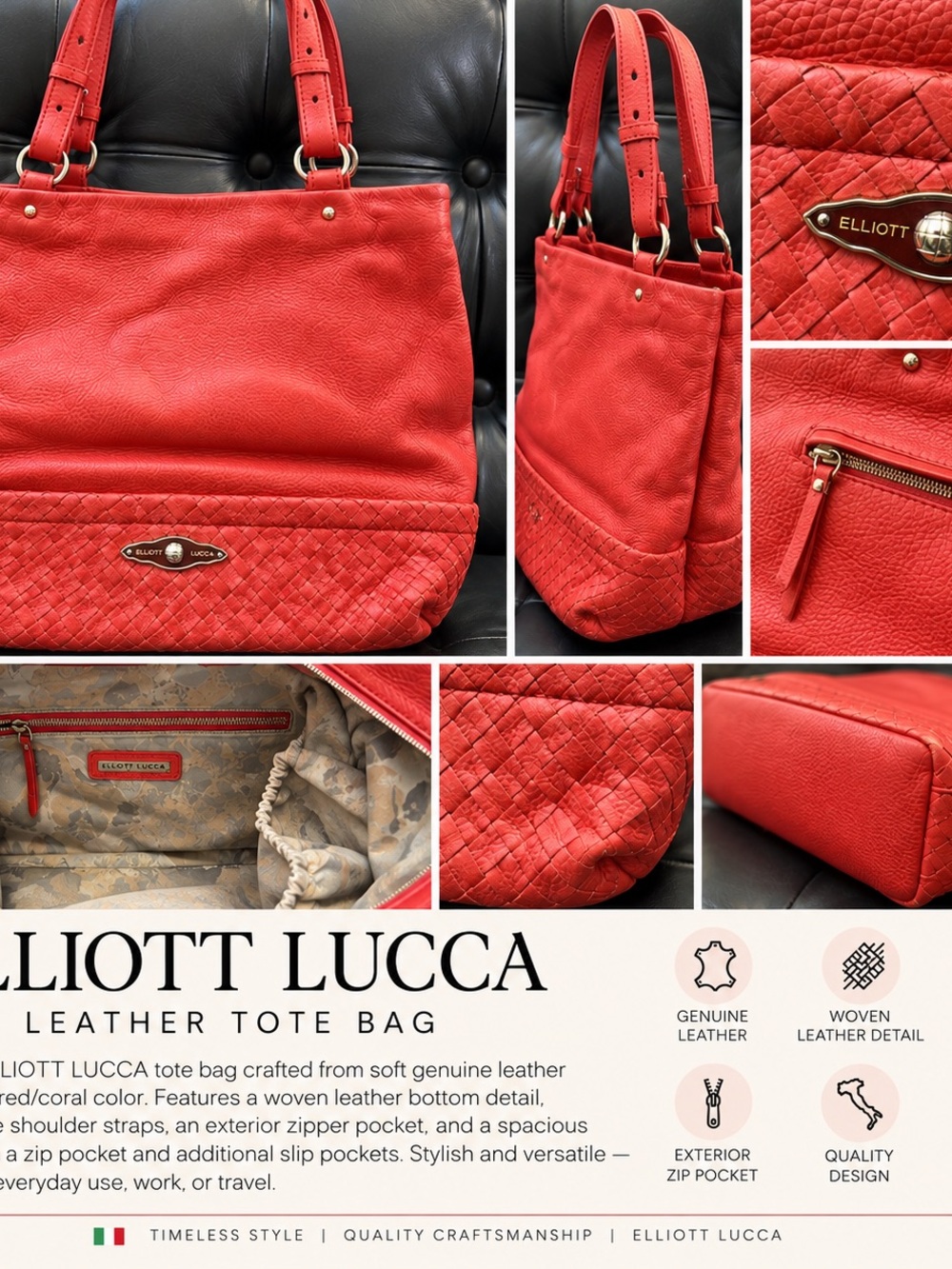 Elliott Lucca Red Leather Woven-Bottom Tote